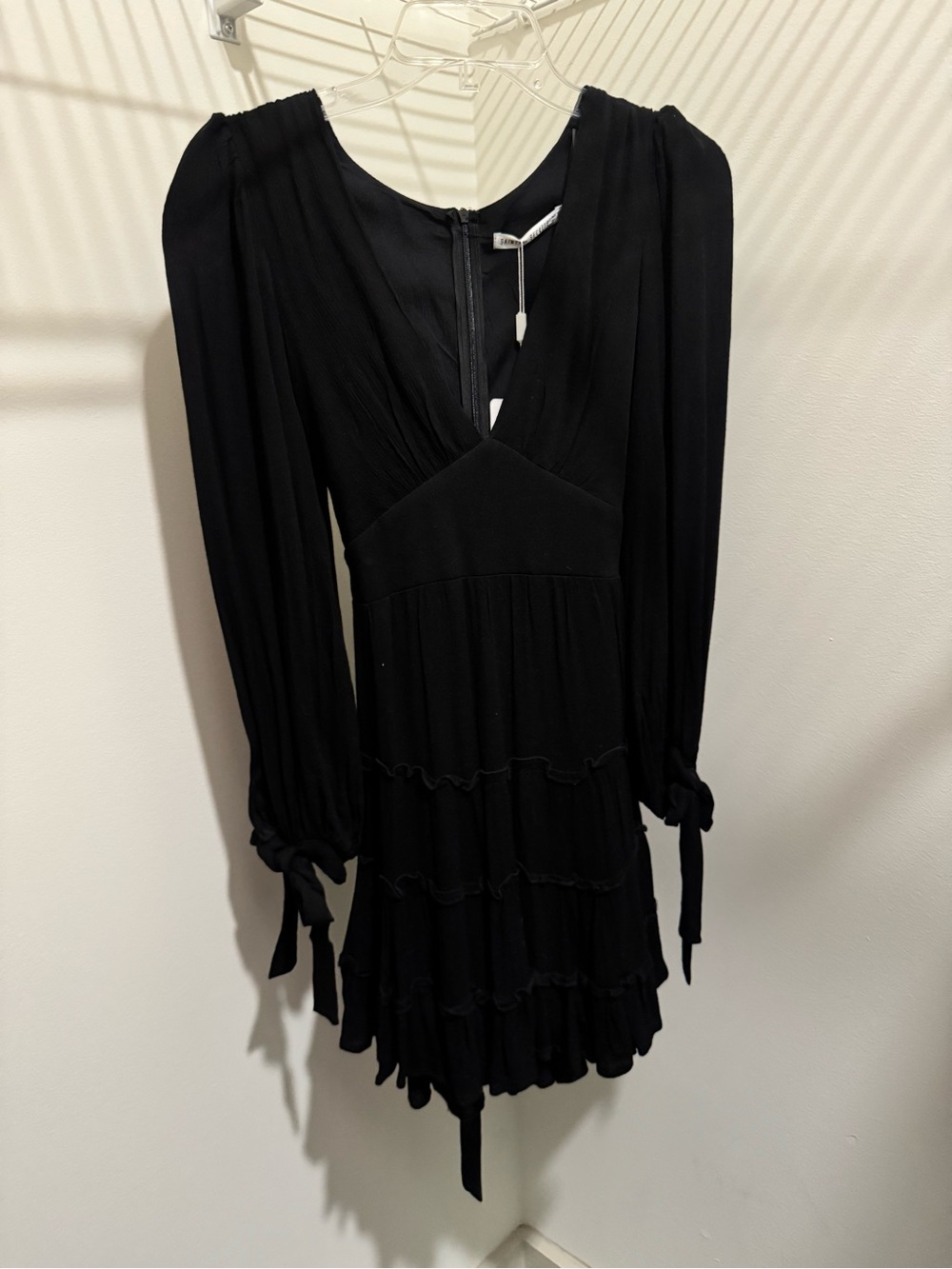 Hello Molly Black Long-Sleeve V-Neck Tiered Mini Dress